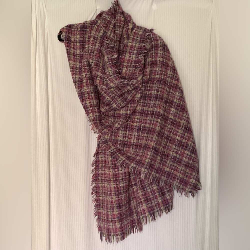 Scarf Multicolored Plaid Fringe Oversized Medium Weight Knit